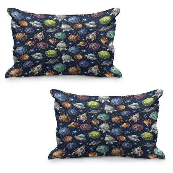 Space Quilted Pillowcover Set of 2, Futuristic Science Fiction Comic Planet Spaceships Androids Rockets Ufo Illustration, Standard Queen Size Pillow Cover Bedroom, 36" x 20", Multicolor, by Ambesonne