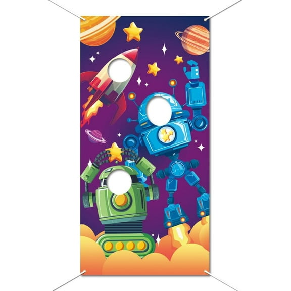 Space Robot Photo Door Banner Robot and Rocket Phtography Backdrop for Birthday Party Decor Large Fabric Hanging Banner with Rope for Interstellar Space Party Birthday Party 70.87x35.43 Inch
