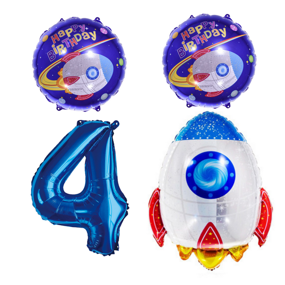 Space Rocket 4th Birthday Party Balloons Blue Foil Number Set