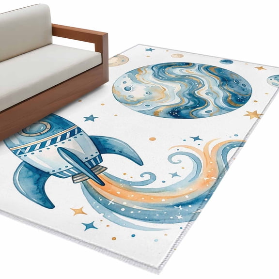 Space Rocket Area Rug 4x6 Washable Rug Non Slip Modena Abstract Universe Stars Planet Large Area Rug Indoor Floor Carpet for Entryway Bedroom Kitchen Living Room Home Office Dining Room Nursery