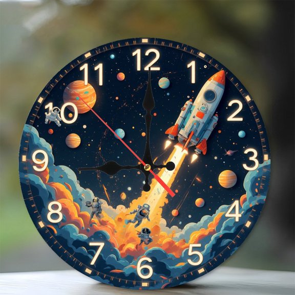 Space Rocket Astronaut Starry Clock Wall Decor 10-Inch Silent Wooden Wall Clock, Battery Operated (AA Batteries Not Included), Artistic Home Decor