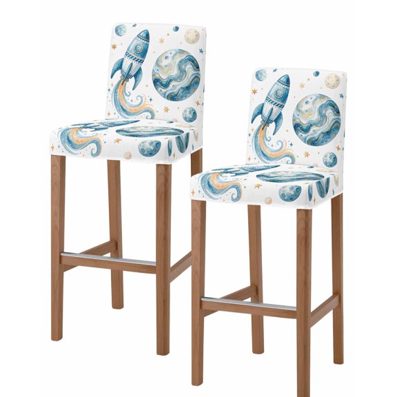 Space Rocket Bar Stool Covers Set of 2, Modena Abstract Universe Stars Planet Stretch Washable Bar Chair Covers with Backs, Removable Pub Counter Height Chair Cover for Kitchen Dining Room Cafe