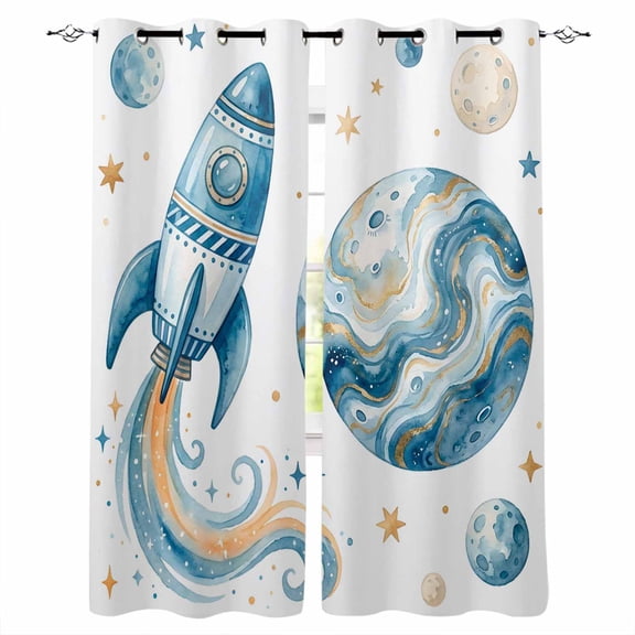 Space Rocket Blackout Curtains for Bedroom/Living Room, Thermal Insulated Kitchen Curtains, Modena Abstract Universe Stars Planet Grommet Darkening Window Treatment Drapes 52"x63"x2
