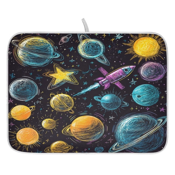 Space Rocket Dish Drying Mat for Kitchen, Quick Drying Absorbent Soft Durable 16" x 18"