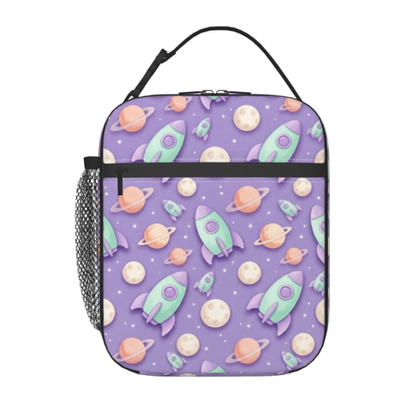 Space Rocket Insulated Lunch Bag Reusable Leakproof Thermal Meal Prep Tote With Clip-on Buckle Handle Side Water Bottle Pocket For Work Office Travel Daily