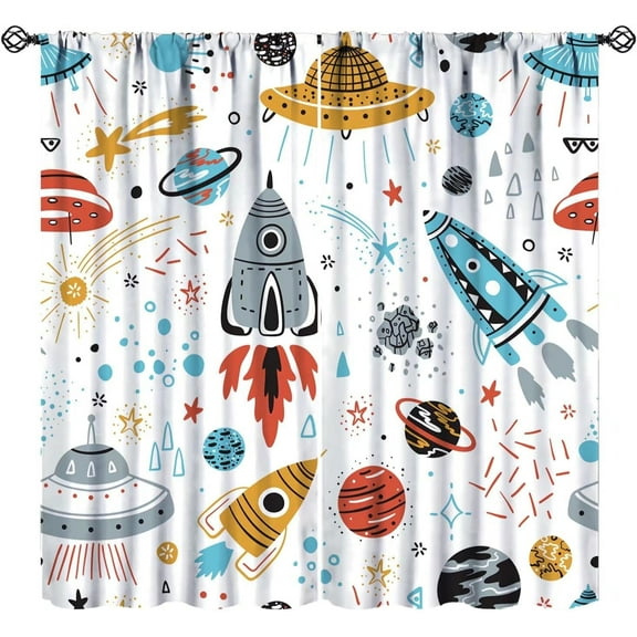 Space Rocket Kids Curtains, Cartoon Outer Space Rockets Planets Stars Comets Universe Adventure Print Window Treatments for Boys Bedroom Living Room, 84" W X 84" L