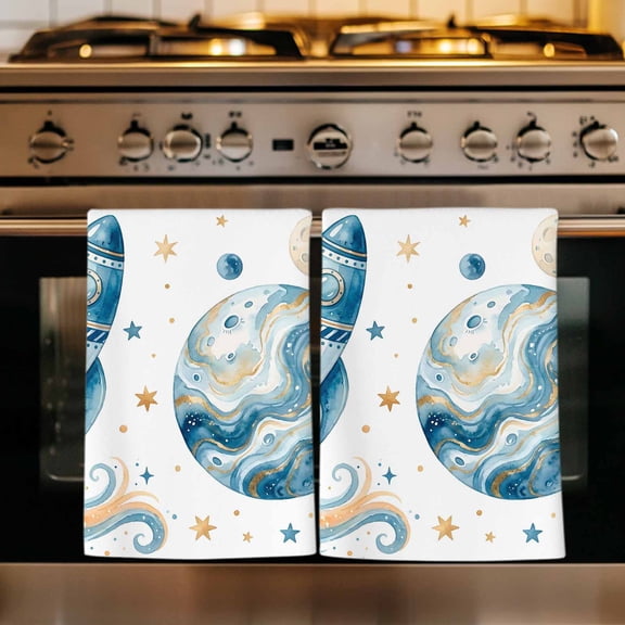 Space Rocket Kitchen Towels Set of 1, Modena Abstract Universe Stars Planet Absorbent Dish Towels for Kitchen, Microfiber Hand Towel, Quick Drying Tea Towel for Cleaning Decorative Dishcloths
