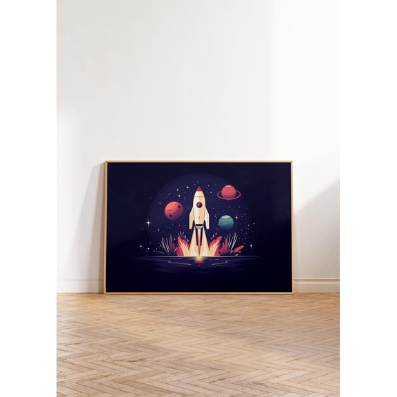 Space Rocket Launch Print, Blue Boy'S Room Decor, Space Theme Child Room, Nursery Wall Art, Retro Rocket Playroom Art, Outer Space Poster Wall Art, Modern Wall Decor, 8x12 UNFRAMED