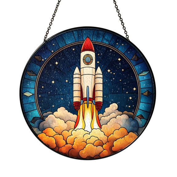 Space Rocket Launch Stained Glass Suncatcher Window Hanging Sun Catcher Cosmic Home Decor Gift for Kids or Adults