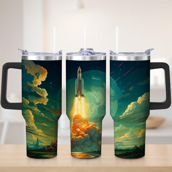 Space Rocket Launch Stainless Steel Insulated Mug with Lid and Handle, 30oz
