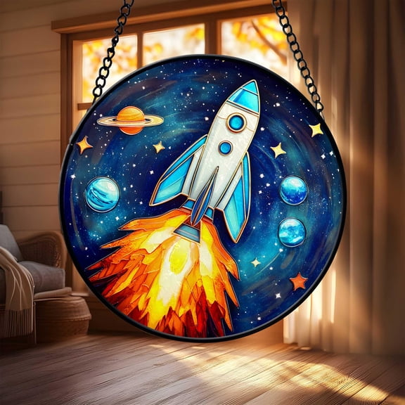 Space Rocket Launch Suncatcher, Stained Glass, Astronaut Art, Cosmic Exploration Design, Space Enthusiast Gift, Window Wall Decor