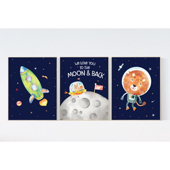 Space Rocket Moon Lion Nursery Wall Art Poster