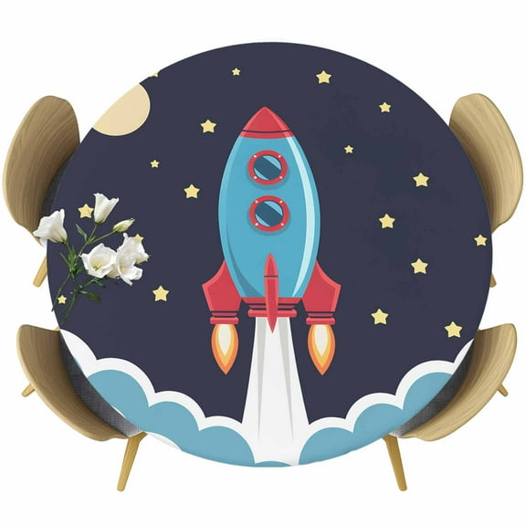 Space Rocket Moon Star Fitted Round Tablecloths Elastic Edged Table Covers 45"-54",Waterproof Table Cloth for Kitchen Holiday Party Tables Decor