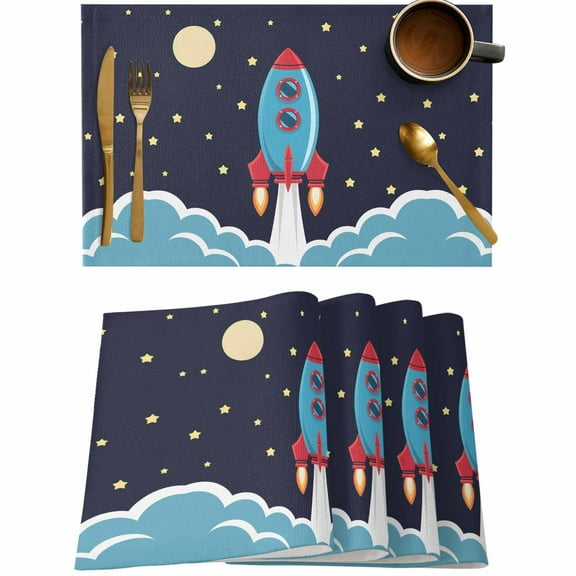 Space Rocket Moon Star Placemats Set of 4,Wipeable Washable Table Mats for Dining Tables,Cartoon Style Place Mats for Kitchen Event Party Tabletop Decor