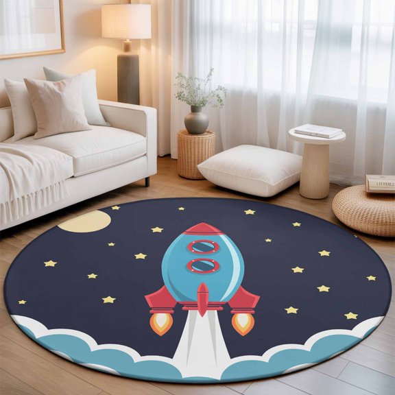 Space Rocket Moon Star Round Rug 5ft Cartoon Style Washable Area Rugs for Living Room Bedroom Entryway Non Slip Entrance Door Mat Indoor Floor Carpet