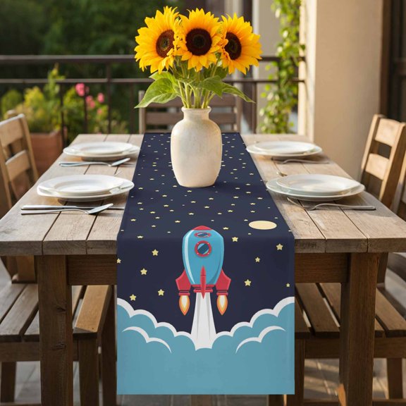 Space Rocket Moon Star Table Runner-70 Inch Long Cartoon Style Table Runners Linen Burlap Tablerunner for Kitchen Dining Room Holiday Party