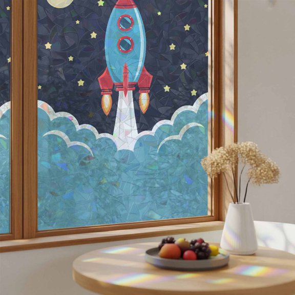 Space Rocket Moon Star Window Privacy Film,Heat Control Sun Blocking Static Cling Rainbow Film,Cartoon Style Non-Adhesive Glass Sticker Door Window Tint,17.7" x 39.3"