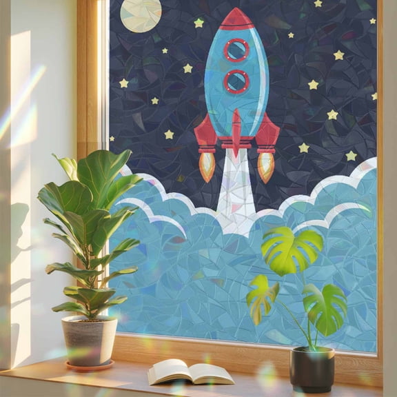 Space Rocket Moon Star Window Privacy Film, Rainbow Film Decorative Window Sticker 23.6x 59in, Cartoon Style Sun Blocking Static Stained Glass Cling Tint Non-Adhesive