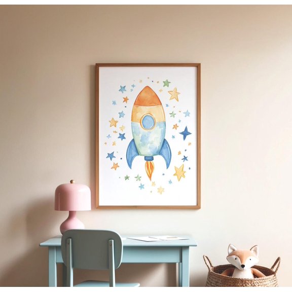 Space Rocket Nursery Print Outer Space Room Decor Childrens Art, Stretched Canvas 8x10in