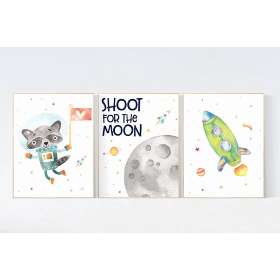 Space Rocket Nursery Wall Art Prints, Moon, Astronaut Animal, Nursery And Gallery Wall Decor