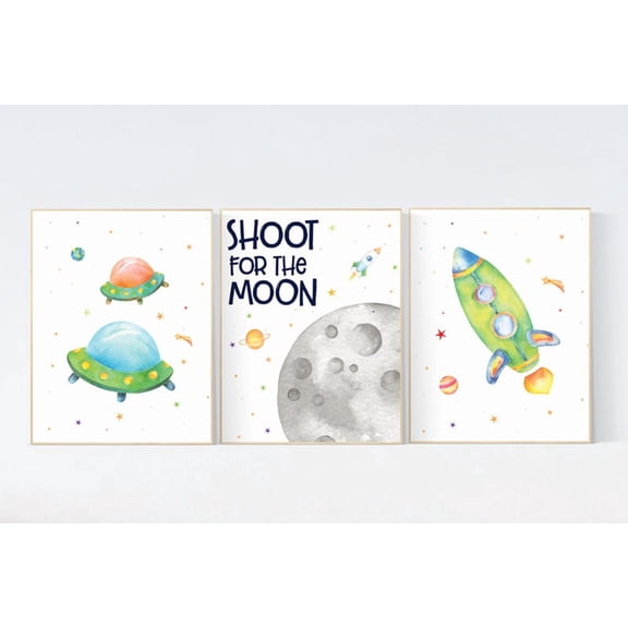 Space Rocket Nursery Wall Art Prints, Moon, Planets, Nursery And Gallery Wall Decor