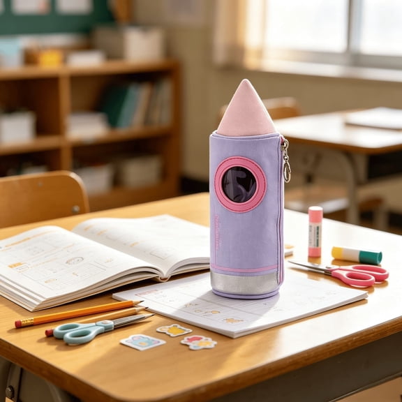 Space Rocket Pencil Case, Large Capacity Waterproof Cylinder Pen Pouch, Cute Galaxy Print With Porthole Window, Durable Polyester Storage Bag, 9 Inch