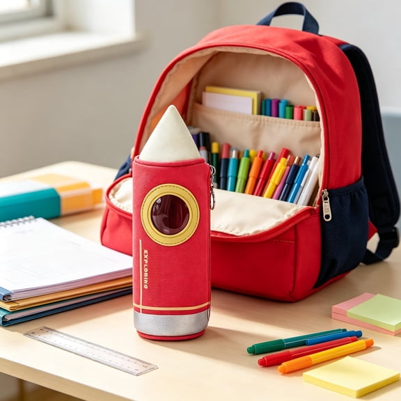 Space Rocket Pencil Case, Large Capacity Waterproof Cylinder Pen Pouch, Cute Galaxy Print With Porthole Window, Durable Polyester Storage Bag, 9 Inch