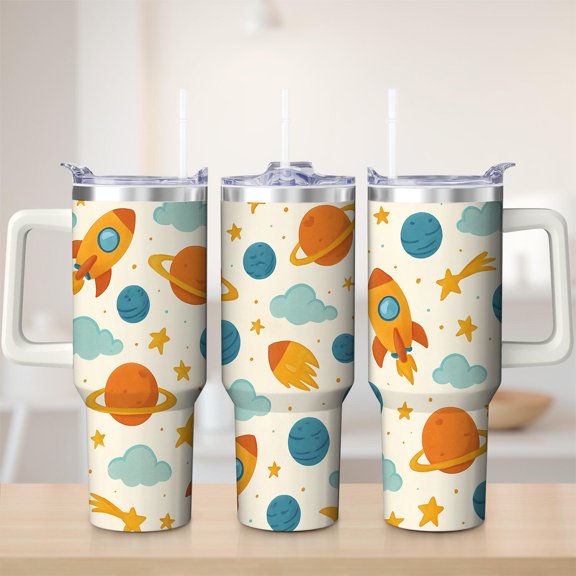 Space Rocket Planets Stainless Steel Insulated Mug with Lid and Handle, 30oz