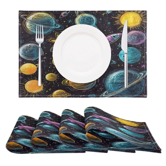 Space Rocket Reversible Placemat Set of 4 Non Slip Coffee Mats 18x12 Inch for Dining, Kitchen, Coffee