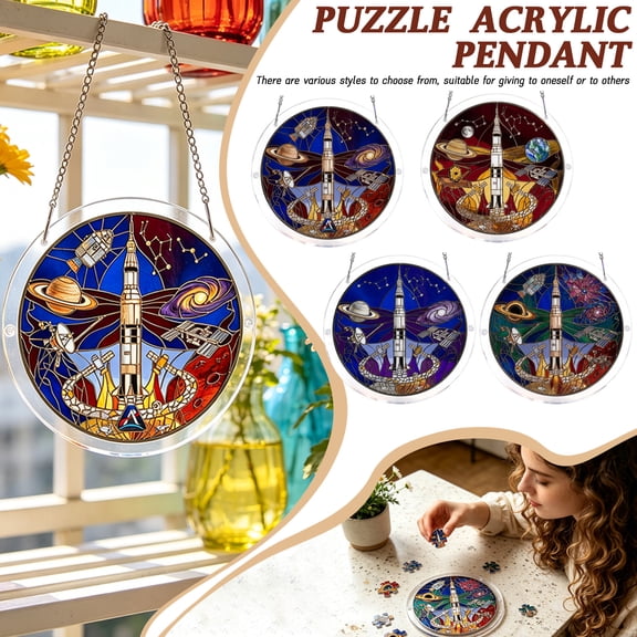 Space Rocket Stained Glass Acrylic Puzzle Suncatcher, 7.4 Inch 83 Pieces Kit, Window Hanging Gift for Space Enthusiasts