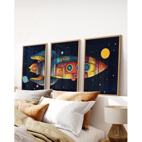 Space Rocket Wall Art Children's Room Decor Outer Space, Stretched Canvas