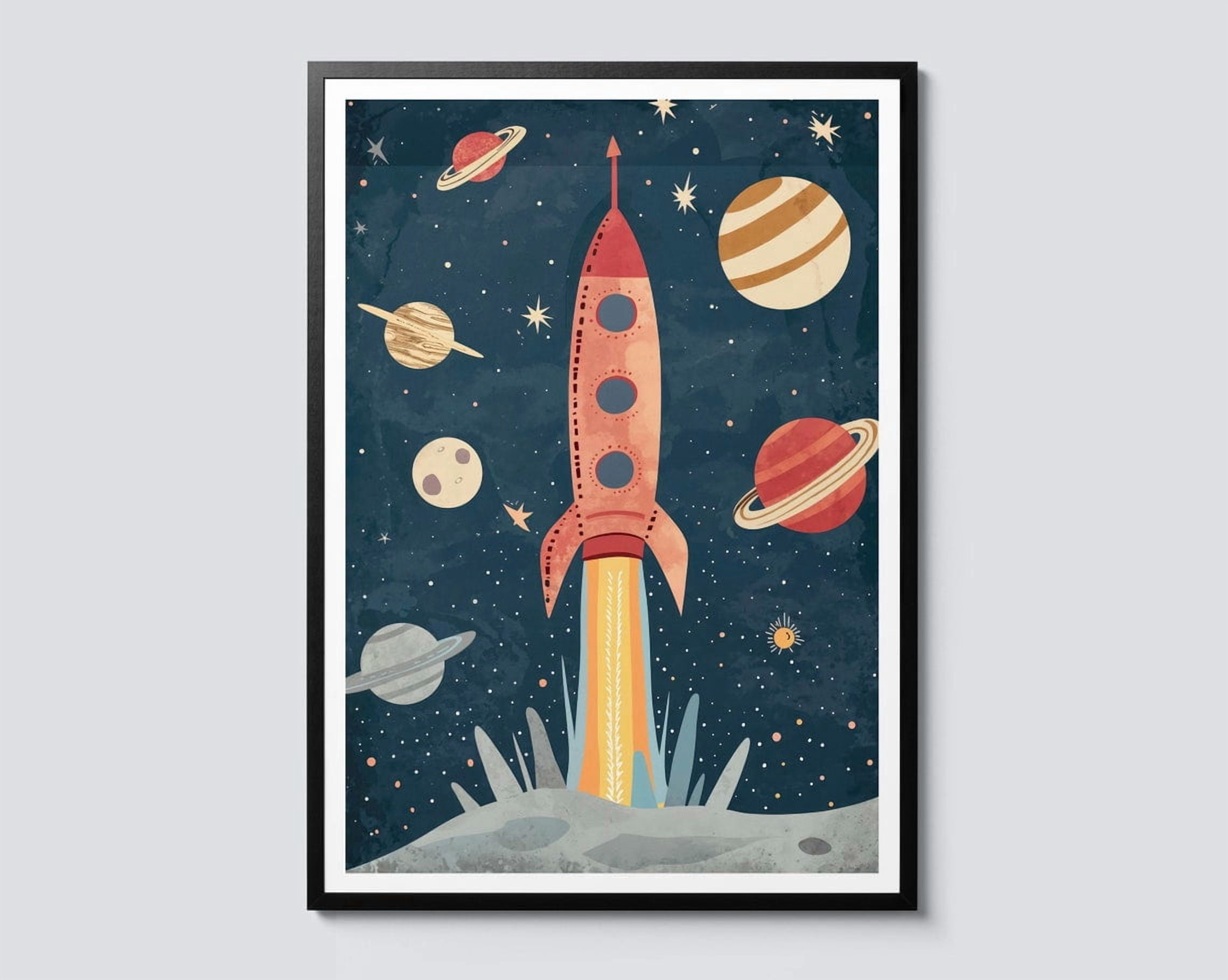 Space Rocket Wall Art Print, Cute Stars Nursery Decor - Walmart.com