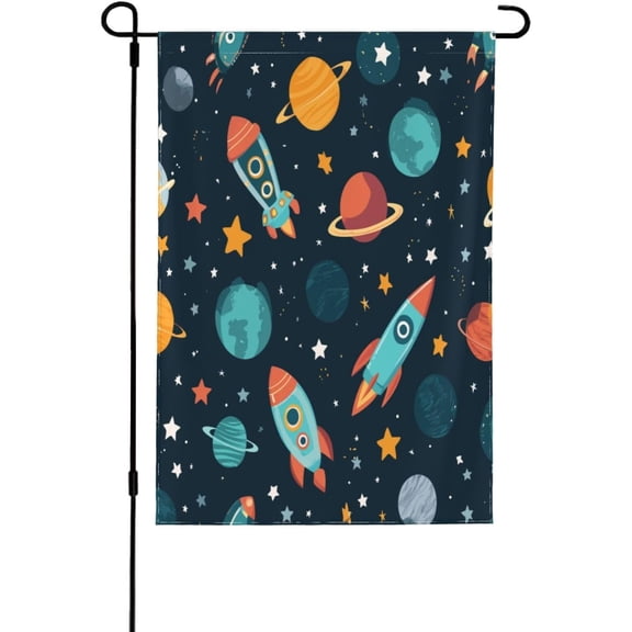 Space Rockets and Planets Double Sided Garden Flag, 12.5 x 18 Inch Holiday Outdoor Yard Decoration