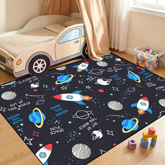 Space Rug 3x5 Feet, Kids Rugs for Playroom Bedroom, Solar System Rug with Rocket Planet Stars Pattern, Galaxy Area Rugs for Boys Room Nursery Classroom, Dark Blue