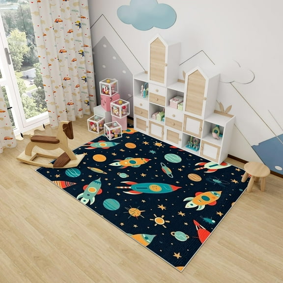 Space Rugs For Kids Bedroom - Boys Outer Space Rug, Rocket Planet Rugs For Living Room Bedroom, Washable Non Slip Soft Small Carpet, Patterned Area Rugs & Home Decor