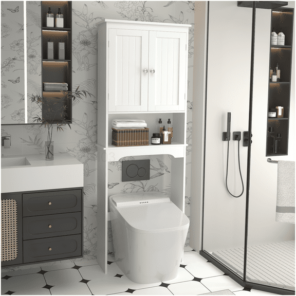 Space Saver Bathroom Cabinet Over Toilet, White Freestanding Storage Organizer with Adjustable Shelf, Tip-Over Restraint Included