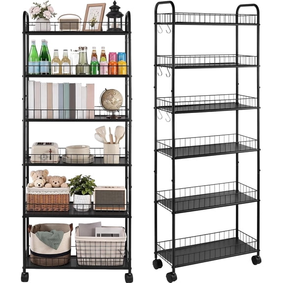 Space Saver Rolling Cart for Small Spaces, 10in 6-Tier Slim Storage Cart with Wheels,Narrow Organizer Shelf with Locking Wheels for Kitchen Bathroom