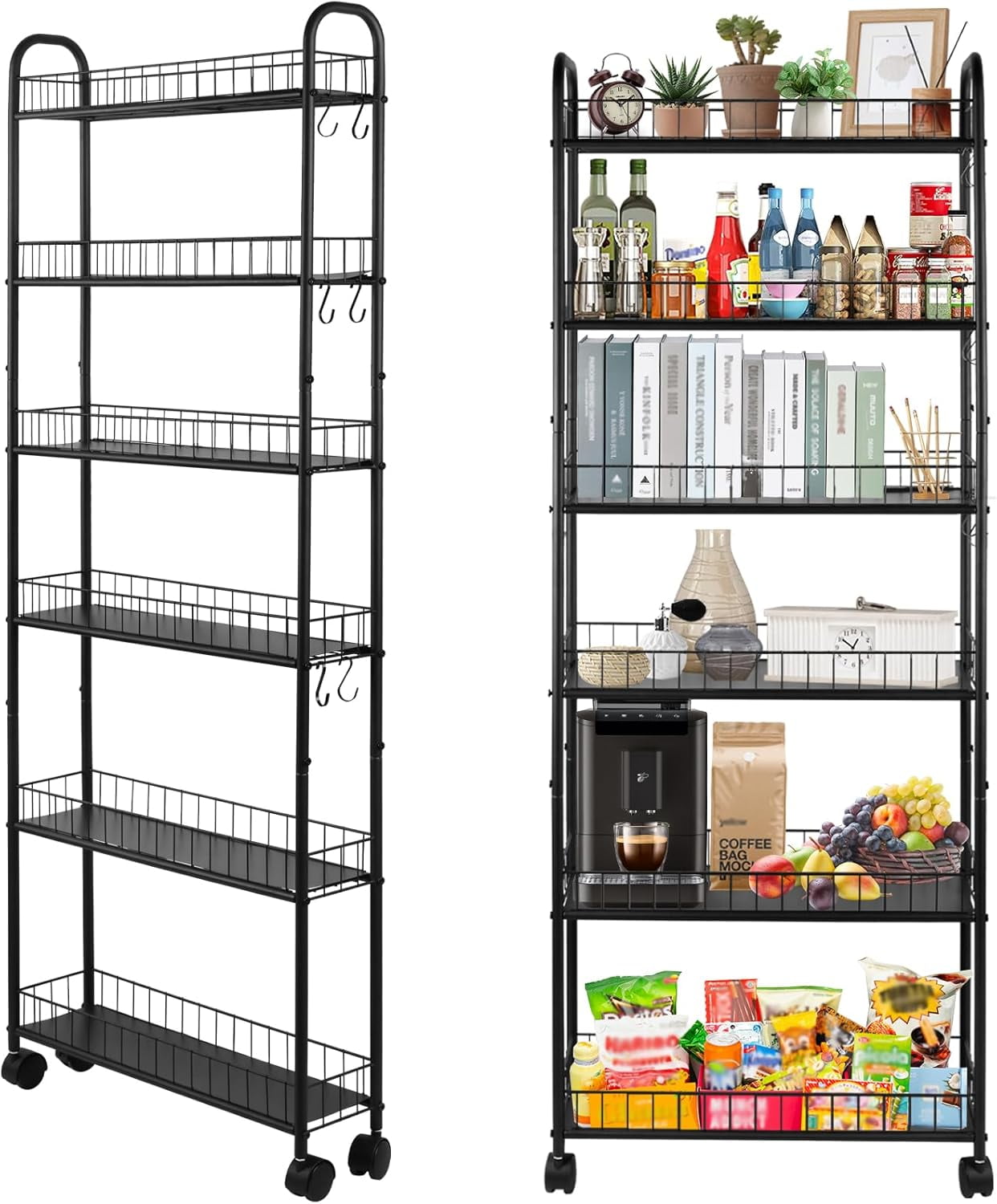 Space Saver Rolling Cart for Small Spaces, 6-Tier Narrow Organizer Shelf with Locking Wheels for Kitchen Bathroom