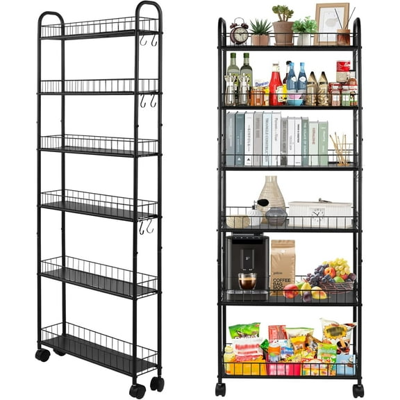 Space Saver Rolling Cart for Small Spaces, 6-Tier Narrow Organizer Shelf with Locking Wheels for Kitchen Bathroom