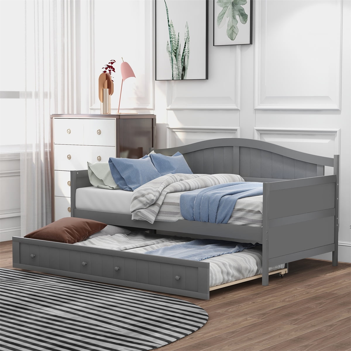 Space Saver Twin Daybed Frame with Trundle, Wooden Daybed Sofa Modern