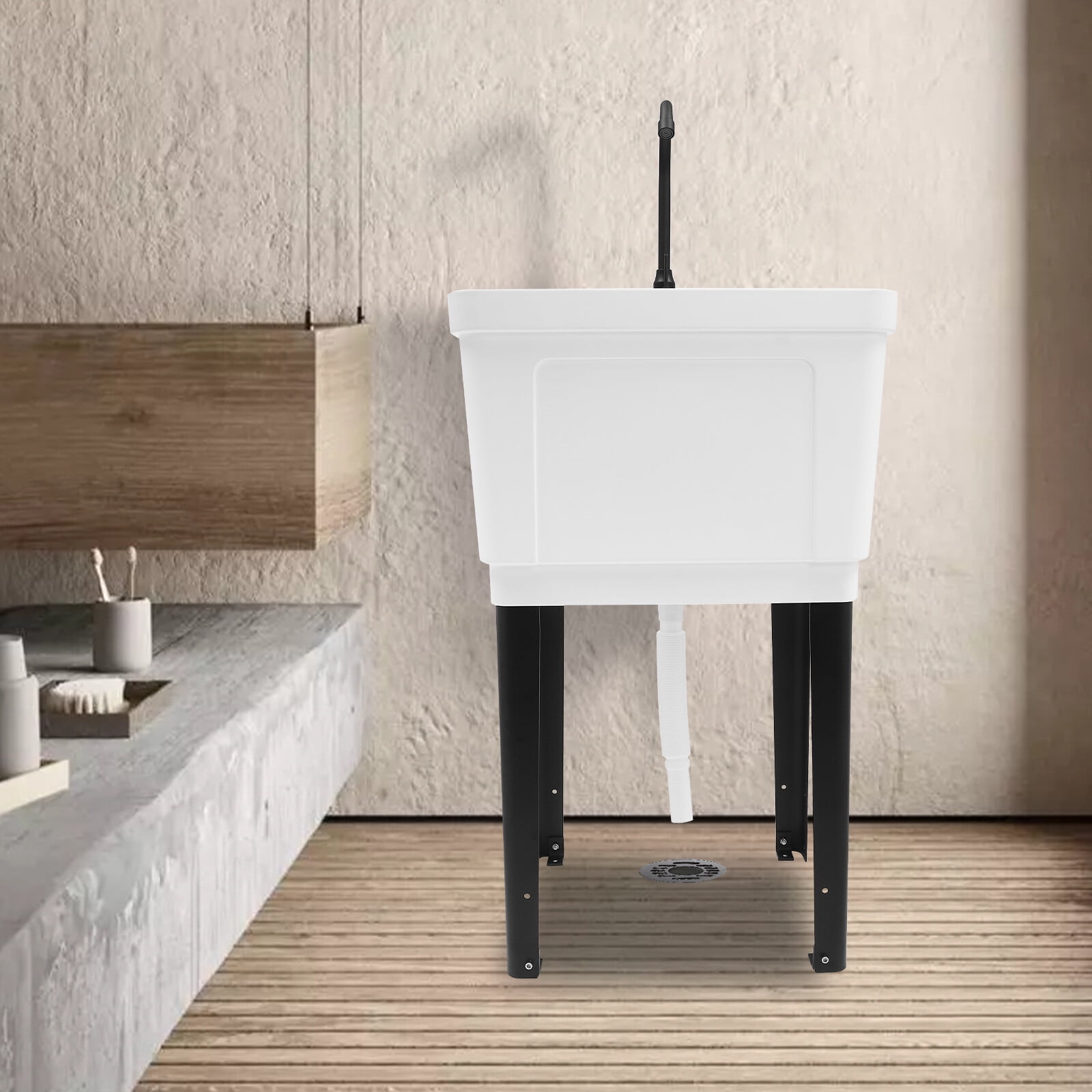 Space Saver Utility Sink Free Standing Laundry Sink w/ Faucet 50*48*84cm for Garage Shop