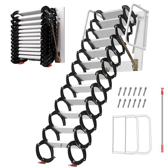 Space-Saving 1102 lbs Attic Ladder,Wall-Mounted Attic Ladder for Attics Garages Basements,Titanium Magnesium Alloy Attic Ladder with 12-Step Pull-Down System
