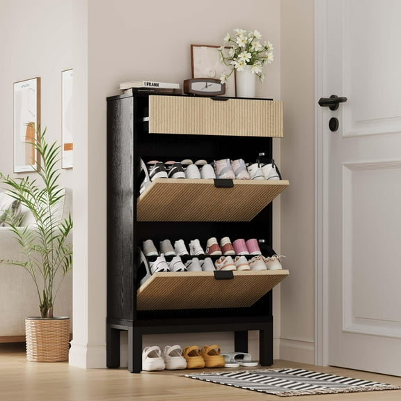 Space-Saving 2-Door Flip-Up Shoe Cabinet | Holds 16-24 Pairs with Adjustable Shelves | Modern Narrow Wooden Organizer for Entryway, Hallway & Closet