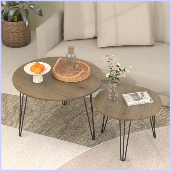 Space-Saving 2-Piece 27.56'' Round Nesting Coffee Table Set, Brown MDF Top & Metal Frame for Small Spaces