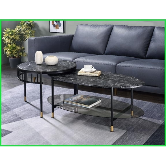 Space-Saving 2-Piece Nesting Coffee Table - Black Finish with Marble-Grain Top & Extra Storage