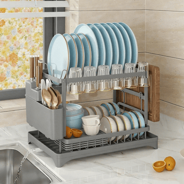 Space-Saving 2-Tier Dish Racks for Kitchen Counter Cabinet - Over Sink Foldable Drying Rack with Utensil Holder & Knife Slots (metal)