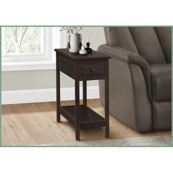Space-Saving 2-Tier Narrow Coffee Table – Brown Veneer, Storage Drawer, Versatile for Living Room/Bedroom Nightstand