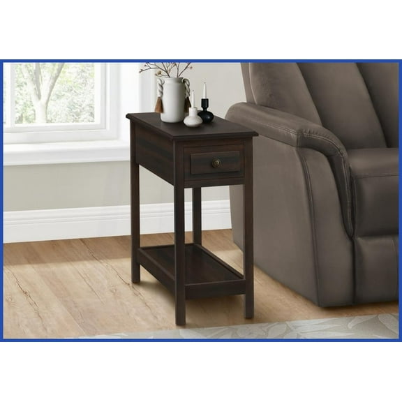 Space-Saving 2-Tier Narrow Coffee Table – Brown Veneer, Storage Drawer, Versatile for Living Room/Bedroom Nightstand