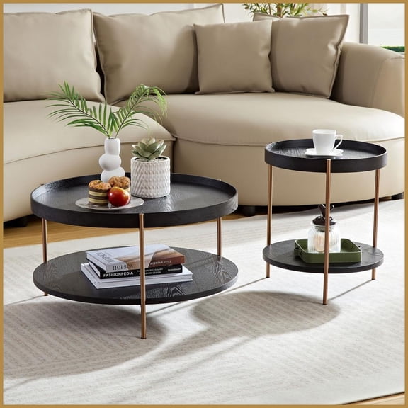 Space-Saving 2-Tier Round Black MDF Coffee Table Set for Living Room, Easy to Assemble