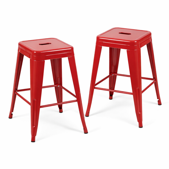 Space-Saving 24 Inch Counter Height Stools Set of 2, Red Metal Bar Stools for Kitchen Island, Non-Stackable Detachable Design, Easy Assembly